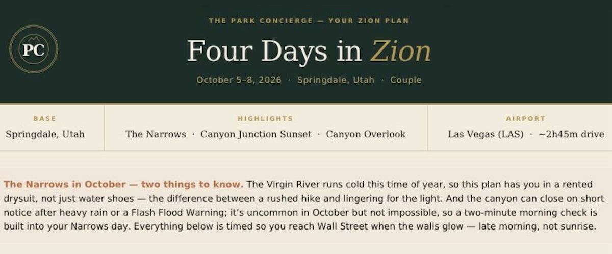 Park Concierge itinerary Before You Go checklist covering pre-trip bookings, re-checks before departure, day-of prep, and key phone numbers